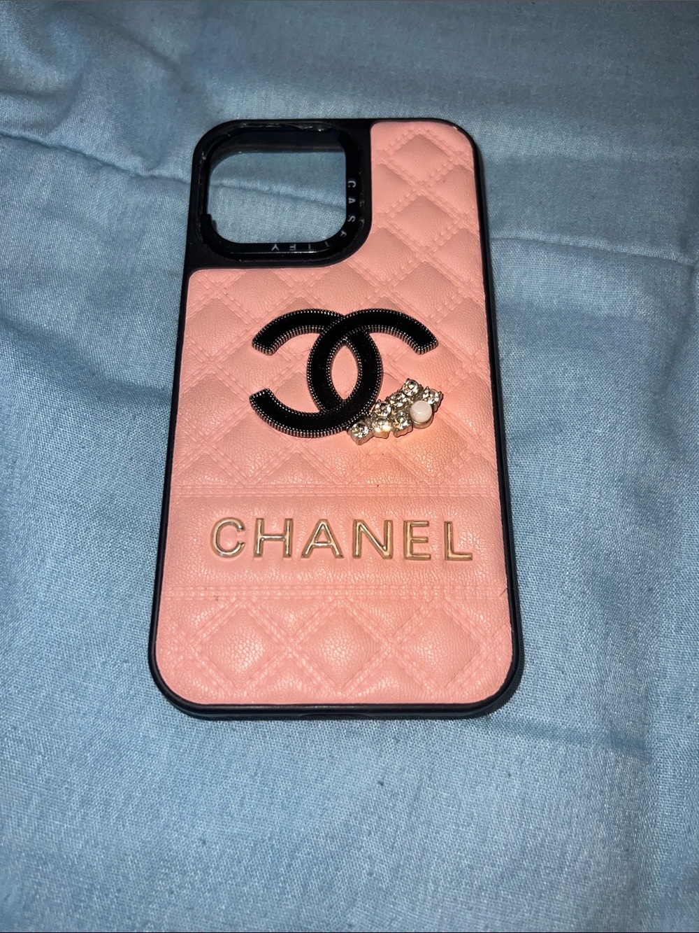 CHANEL Pink Quilted CC Logo iPhone Case with Pearl Accent